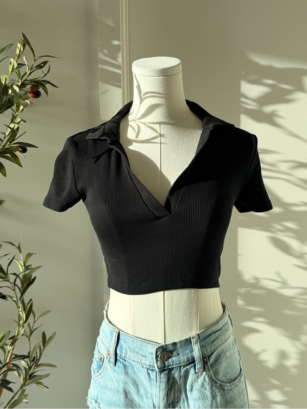 Zara Black Ribbed Cropped Polo Top